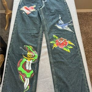 Artistic Straight Leg Jeans with Colorful Embellishments